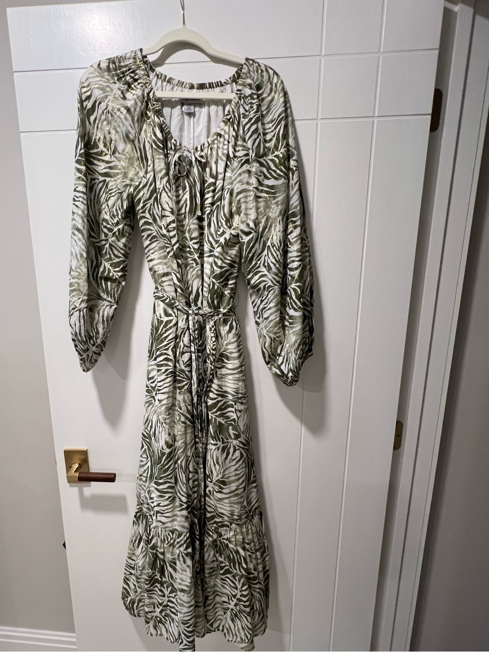Tommy Bahama Olive and White Printed Tie-Waist Maxi Dress